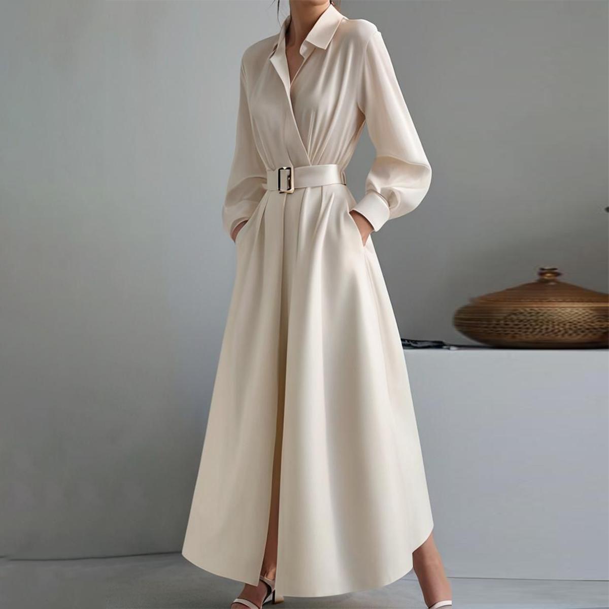Apricot Plain Collared Long Sleeve Maxi Dress