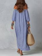 Blue And White Striped Off-the-shoulder Loose-fitting Resort Dress