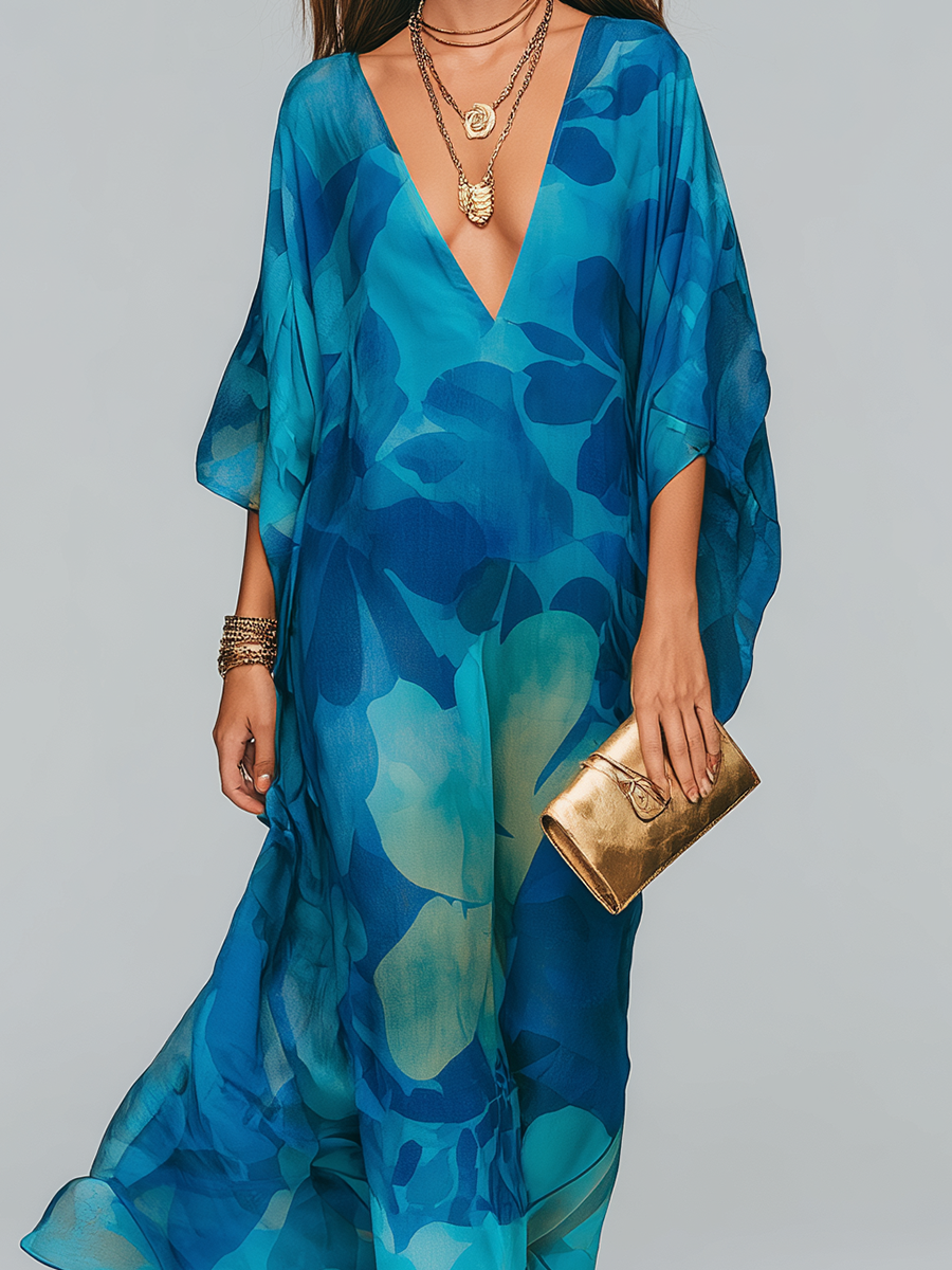Elegant Blue Printed Flowing Long Dress