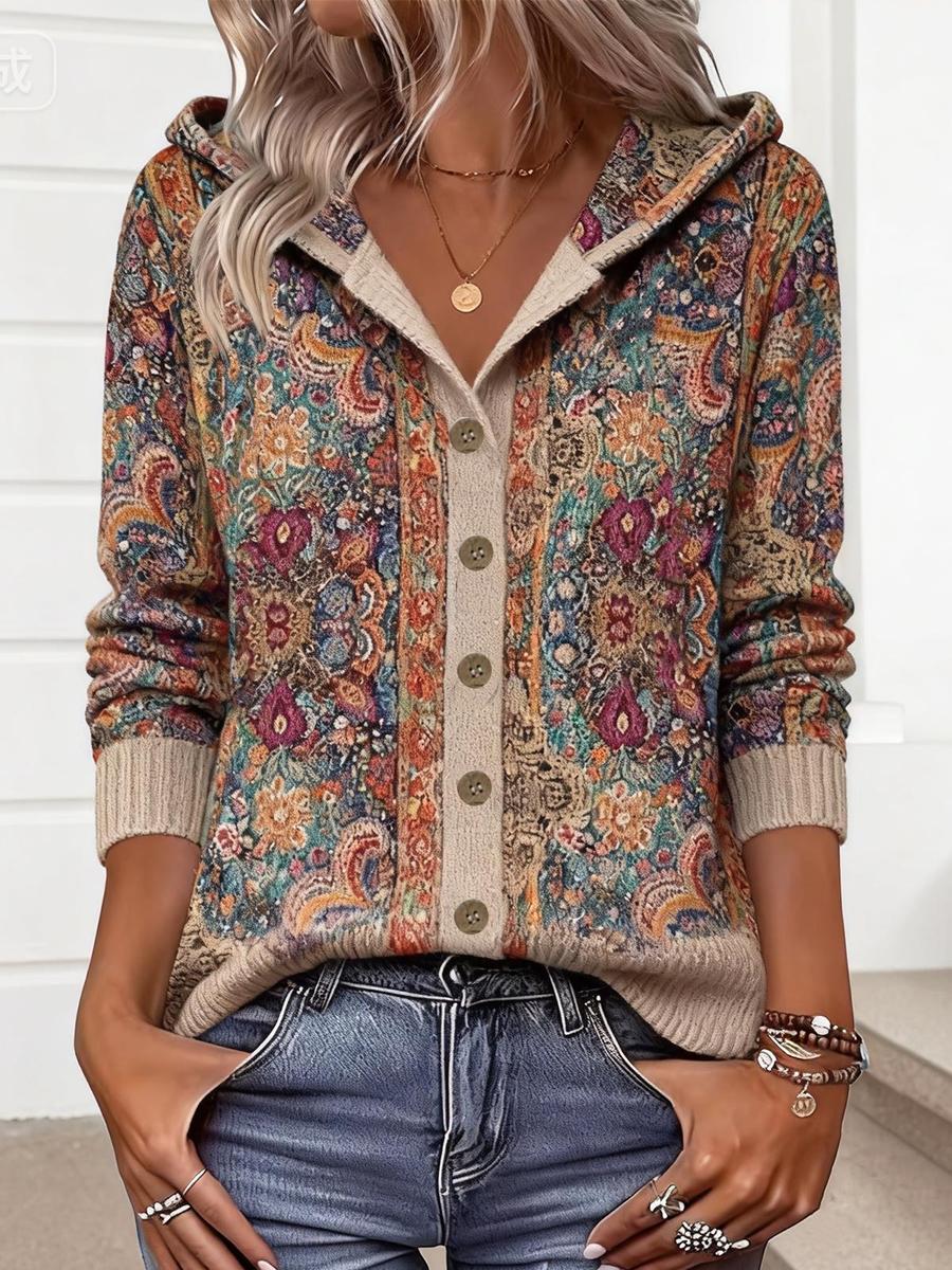 Vibrant Floral Print Boho Style Hoodie Cardigan