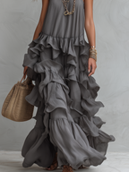 Elegant Grey Romantic Layered Ruffle Long Dress
