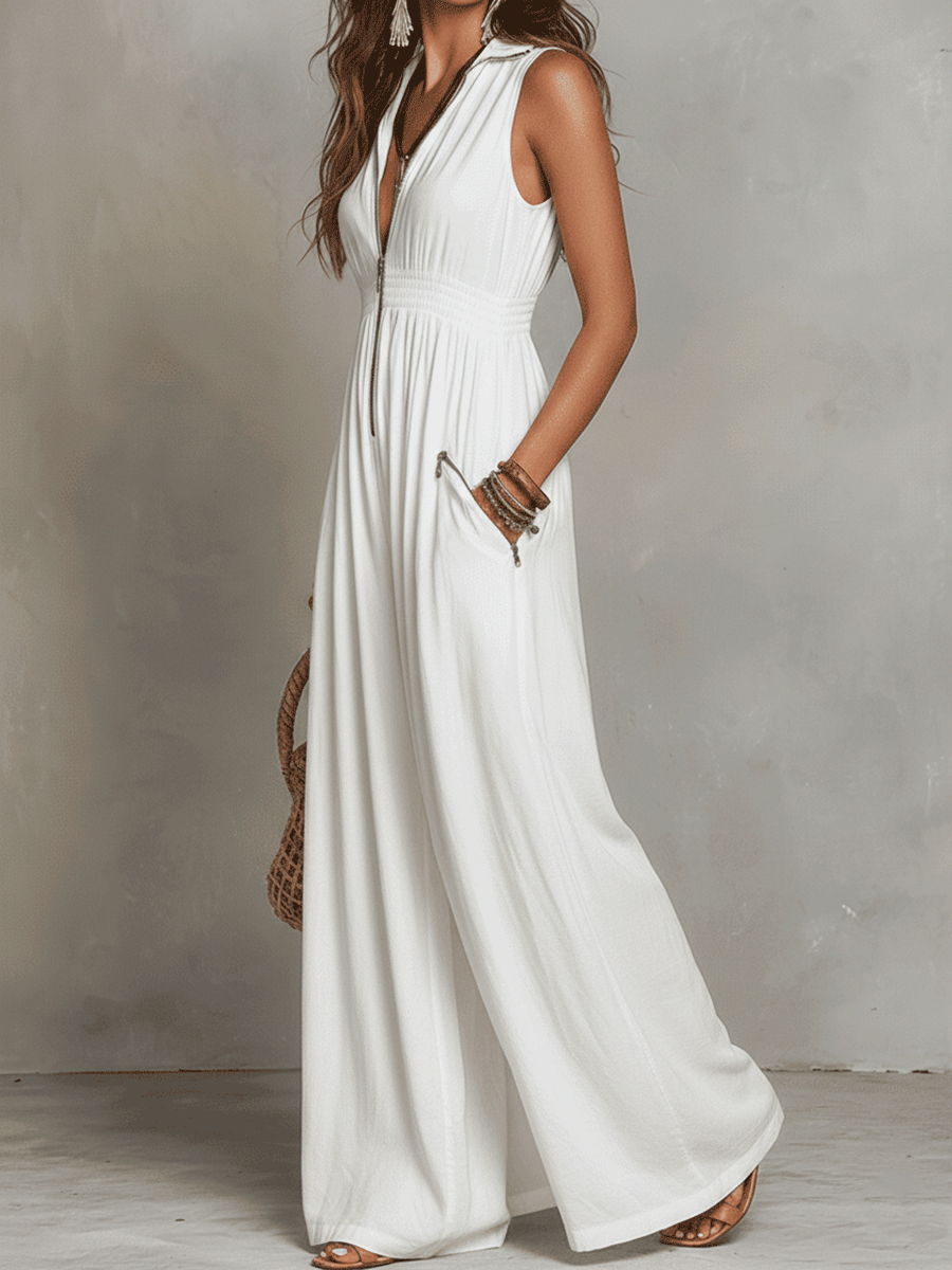 White Zip-Front Bohemian Maxi Dress