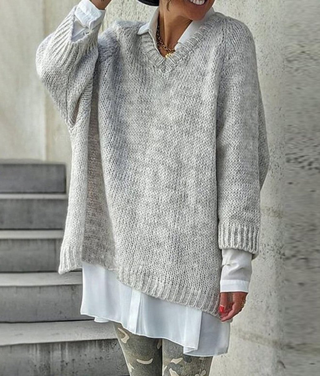 Baggy Grey Plain V-Neck Sweater