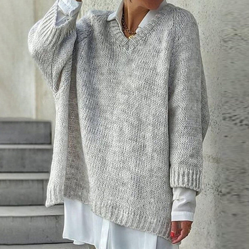 Baggy Grey Plain V-Neck Sweater