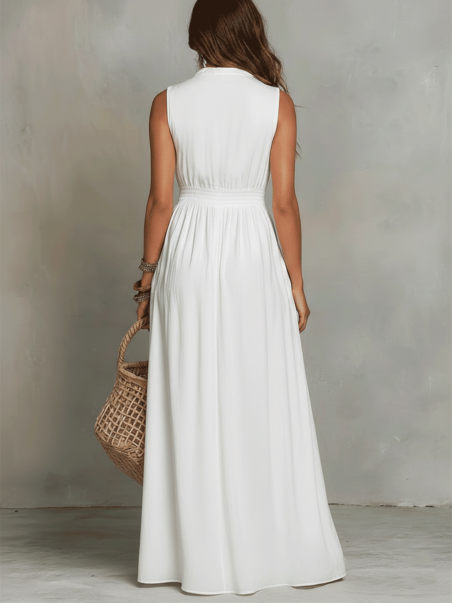 White Zip-Front Bohemian Maxi Dress