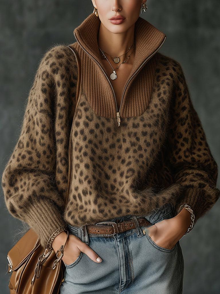 Luxury Leopard Print Zip Up Sweater with High Neck And Ribbed Panel