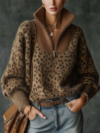 Luxury Leopard Print Zip Up Sweater with High Neck And Ribbed Panel