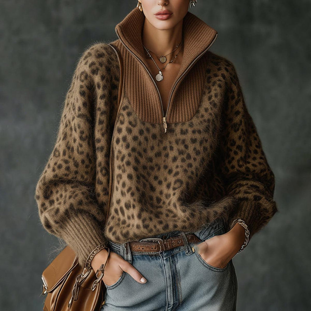 Luxury Leopard Print Zip Up Sweater with High Neck And Ribbed Panel