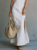Elegant White Minimal Strappy Slit Maxi Dress