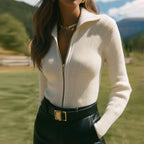 Cream Ribbed Zip Up Cardigan With Gold Zipper Detail