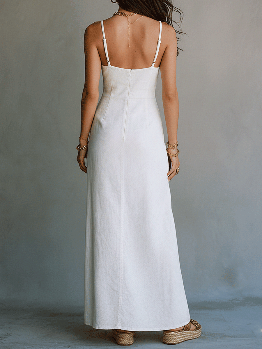 Elegant White Minimal Strappy Slit Maxi Dress