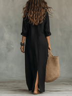 Black Button-Front Bohemian Shirt Maxi Dress