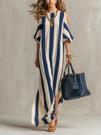 Statement Navy Stripe Cold-Shoulder Maxi Dress