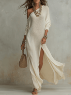 Bohemian One-Shoulder Textured Maxi Dress In Soft Ivory