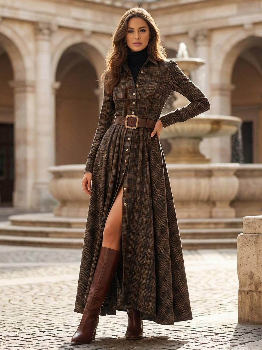 Brown Long Sleeve Plaid Maxi Shirt Dress
