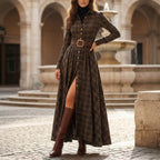 Brown Long Sleeve Plaid Maxi Shirt Dress
