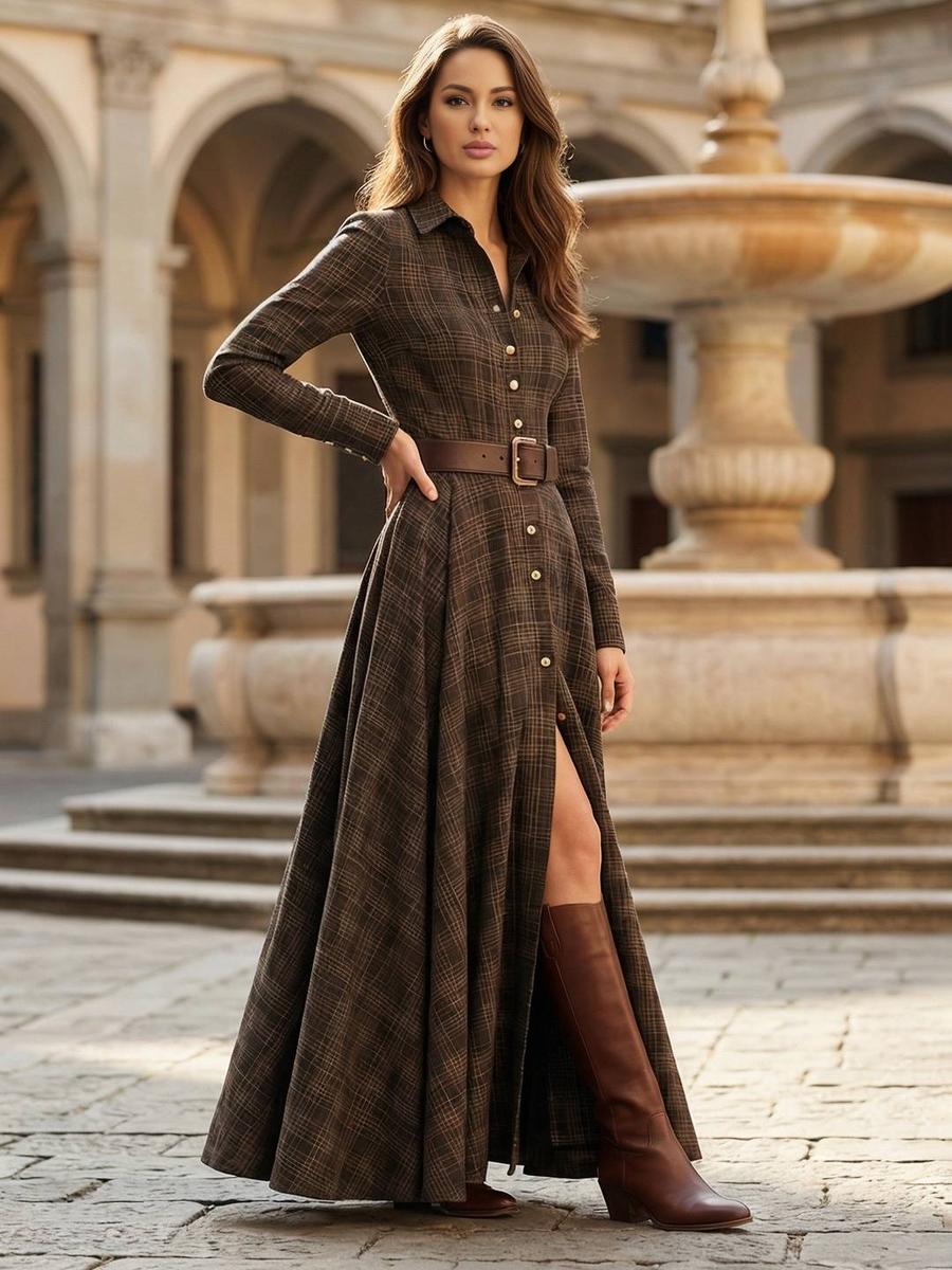 Brown Long Sleeve Plaid Maxi Shirt Dress