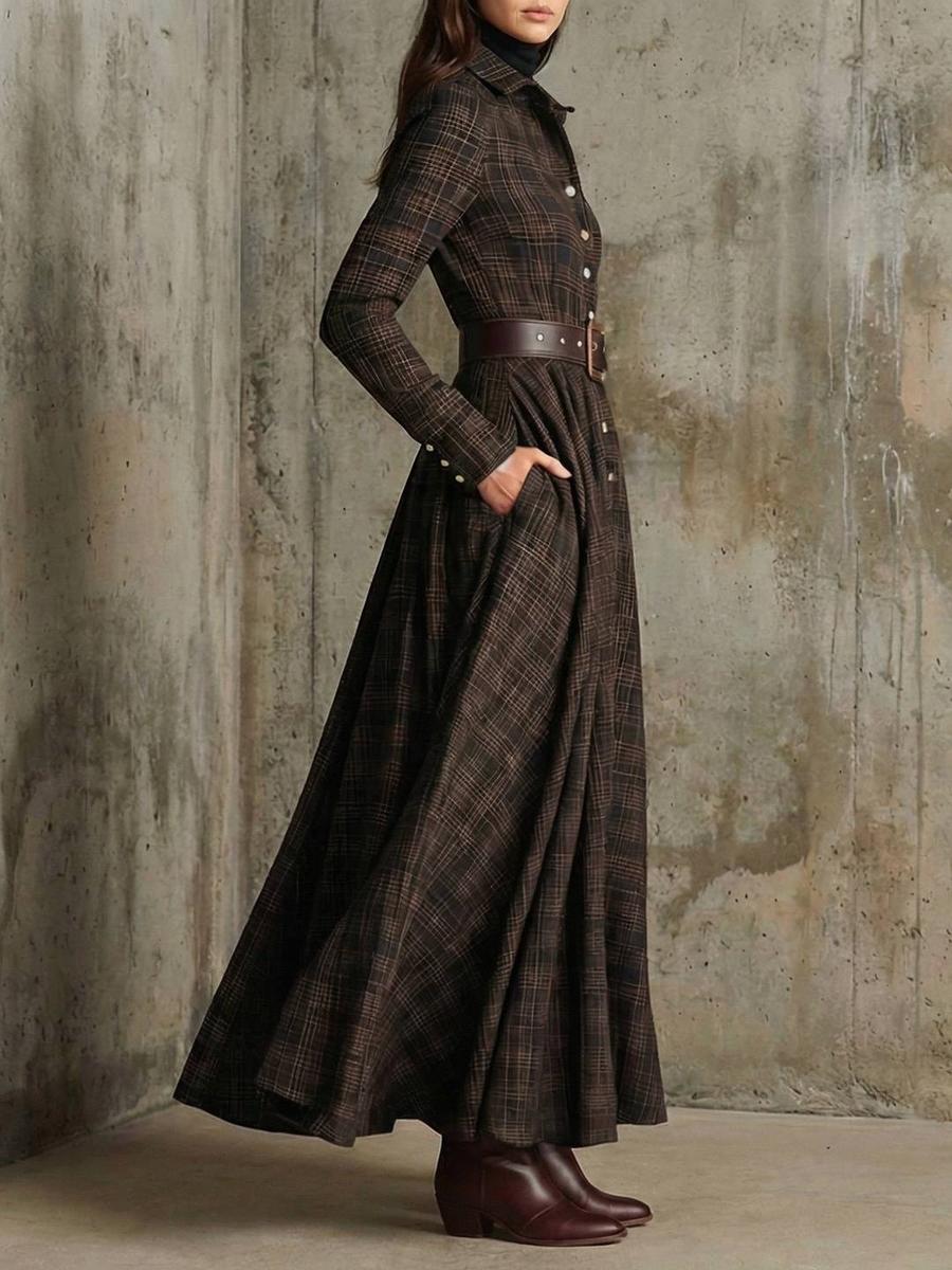 Brown Long Sleeve Plaid Maxi Shirt Dress