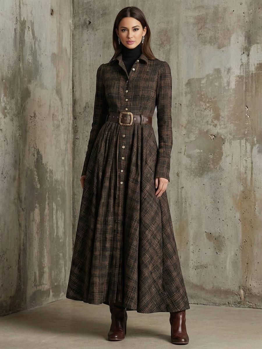 Brown Long Sleeve Plaid Maxi Shirt Dress