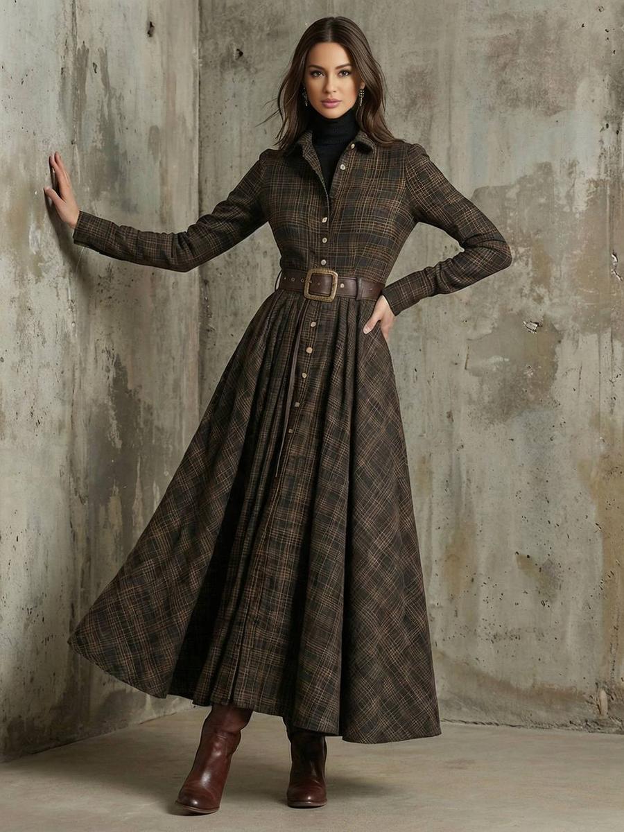 Brown Long Sleeve Plaid Maxi Shirt Dress