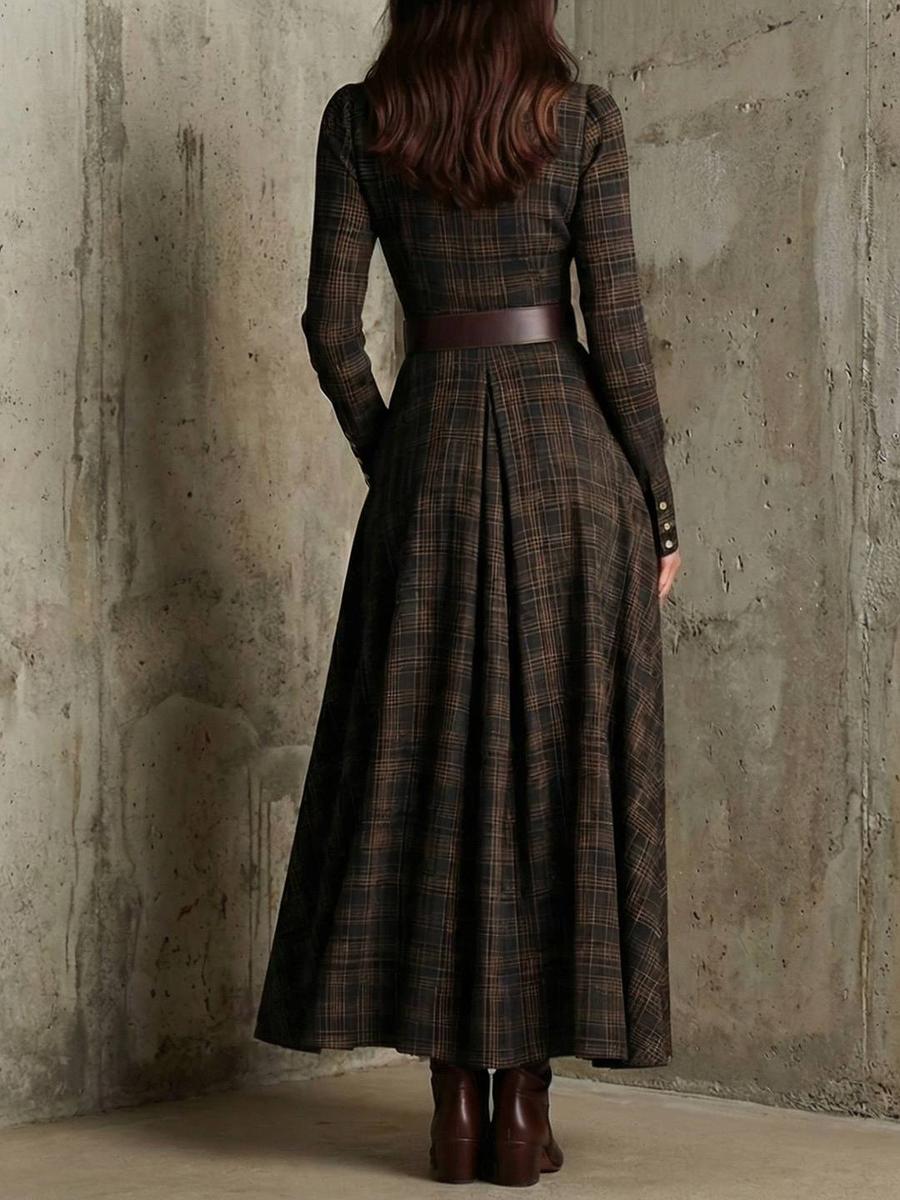 Brown Long Sleeve Plaid Maxi Shirt Dress