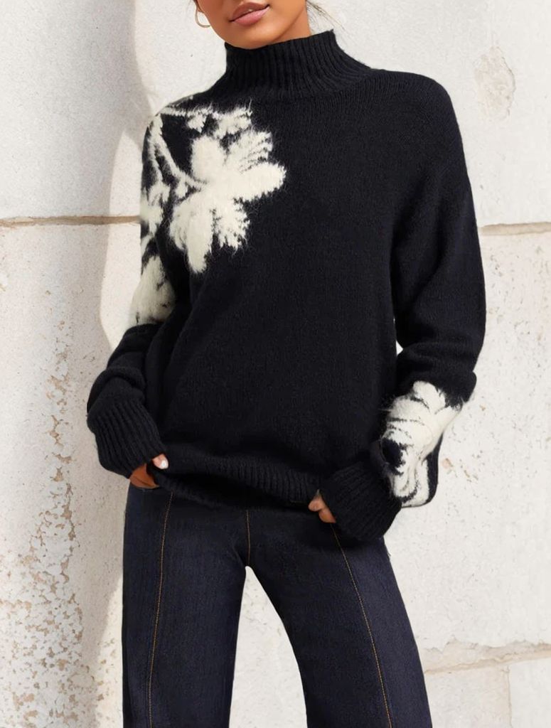 Modern Floral Print Round Neck Long Sleeve Sweater