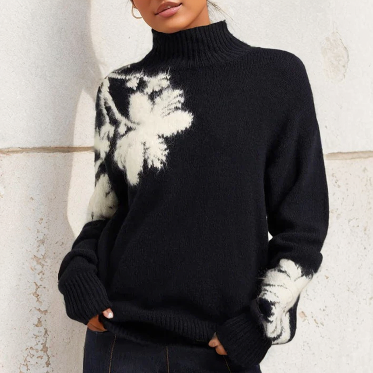 Modern Floral Print Round Neck Long Sleeve Sweater