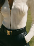 Cream Ribbed Zip Up Cardigan With Gold Zipper Detail