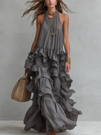 Elegant Grey Romantic Layered Ruffle Long Dress
