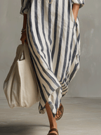 Casual Striped Shirt Bohemian Style Maxi Dress