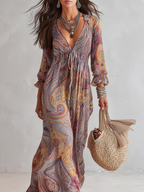 Vintage Paisley Print V-neck Dress With Tie Waist.