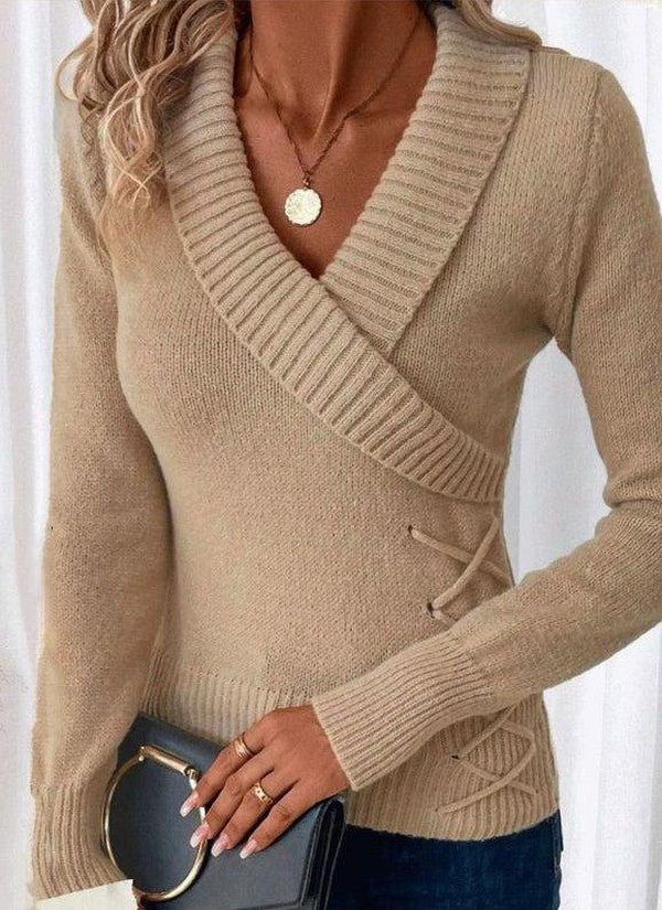 Apricot Plain V-Neck Long Sleeve Sweater
