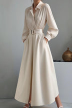 Apricot Plain Collared Long Sleeve Maxi Dress