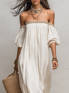 Bohemian Style Off-the-shoulder Pleated Ivory Long Dress