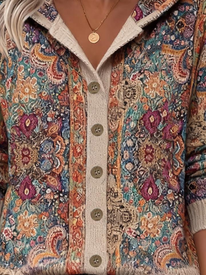 Vibrant Floral Print Boho Style Hoodie Cardigan