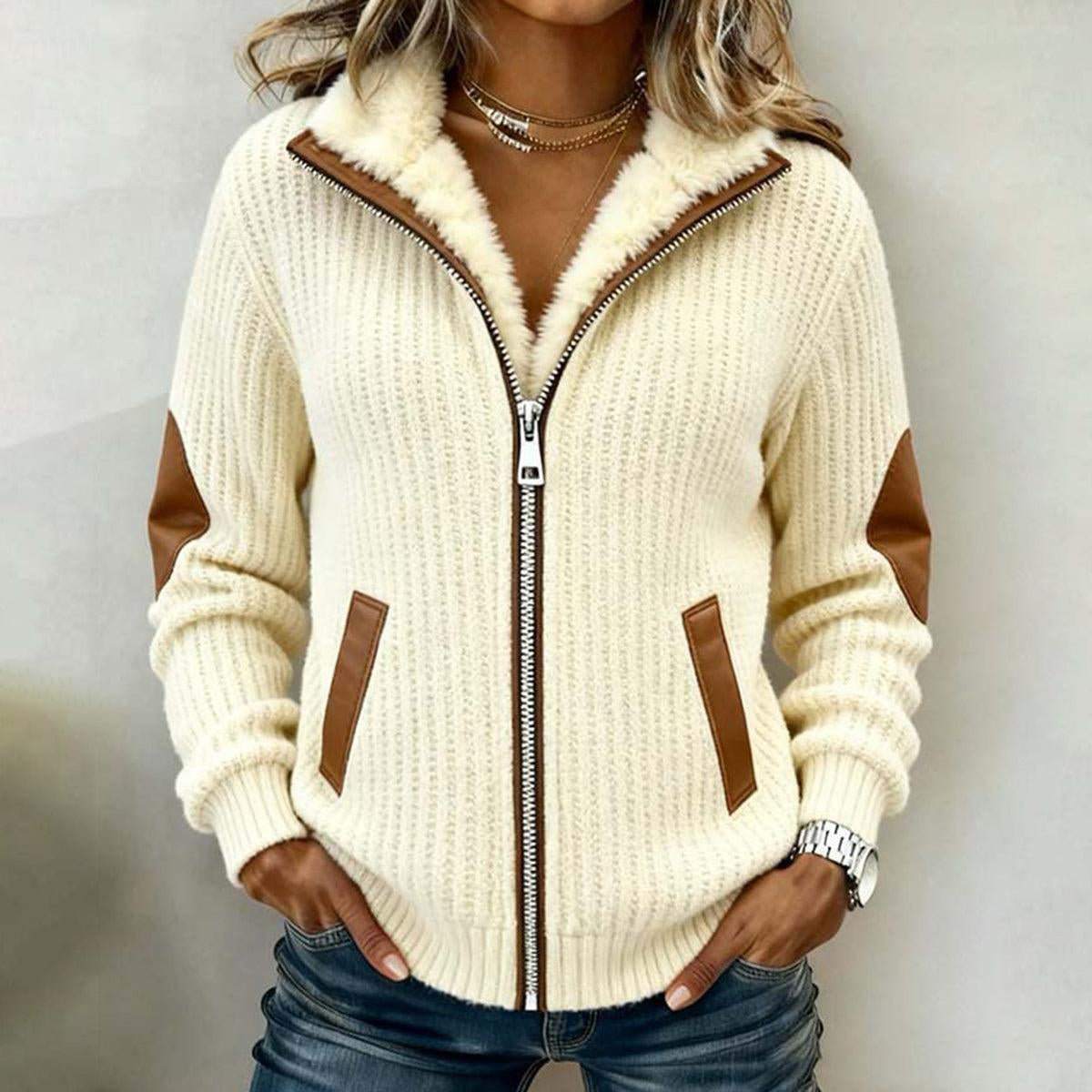 Comfy Faux Shearling Collar Zip Up Knit Cardigan