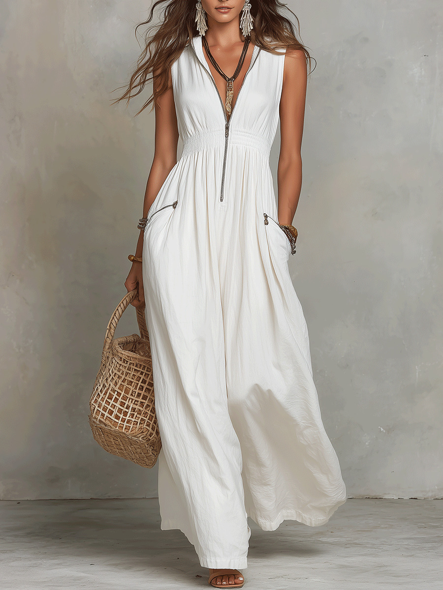 White Zip-Front Bohemian Maxi Dress