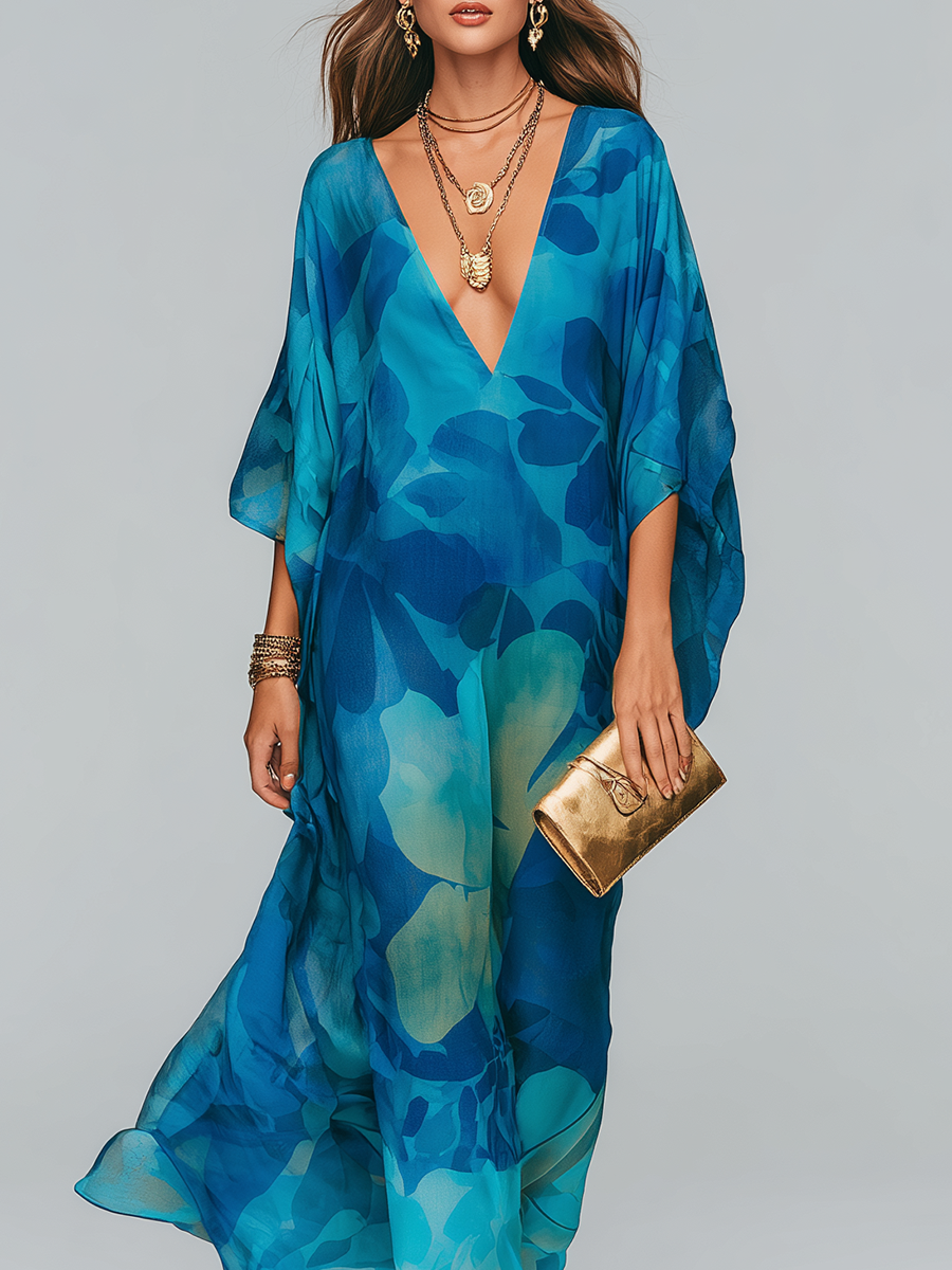 Elegant Blue Printed Flowing Long Dress