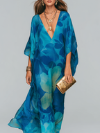 Elegant Blue Printed Flowing Long Dress