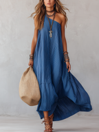 Royal Blue Striped Off-the-shoulder Flowing Long Dress