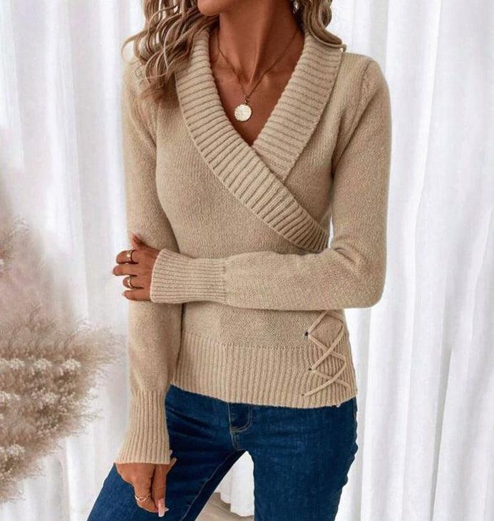Apricot Plain V-Neck Long Sleeve Sweater