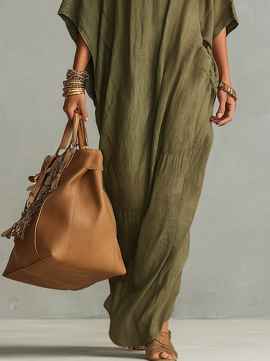 Artful Olive Deep-V Boho Maxi Dress