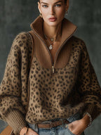 Luxury Leopard Print Zip Up Sweater with High Neck And Ribbed Panel