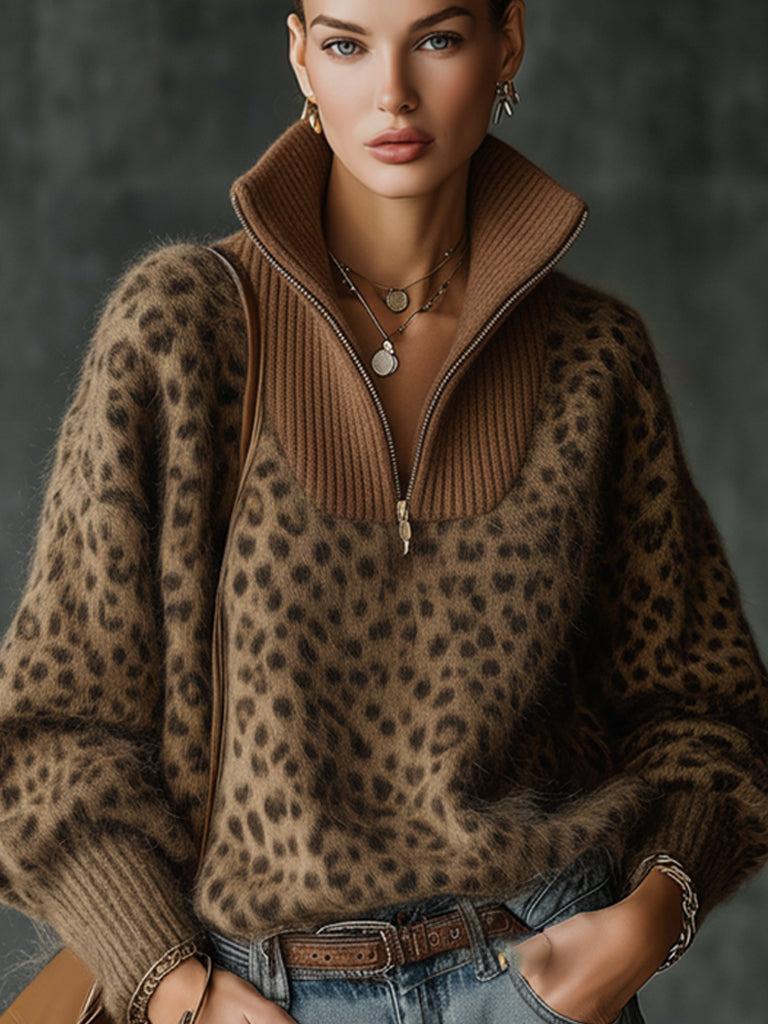 Luxury Leopard Print Zip Up Sweater with High Neck And Ribbed Panel