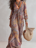 Vintage Paisley Print V-neck Dress With Tie Waist.