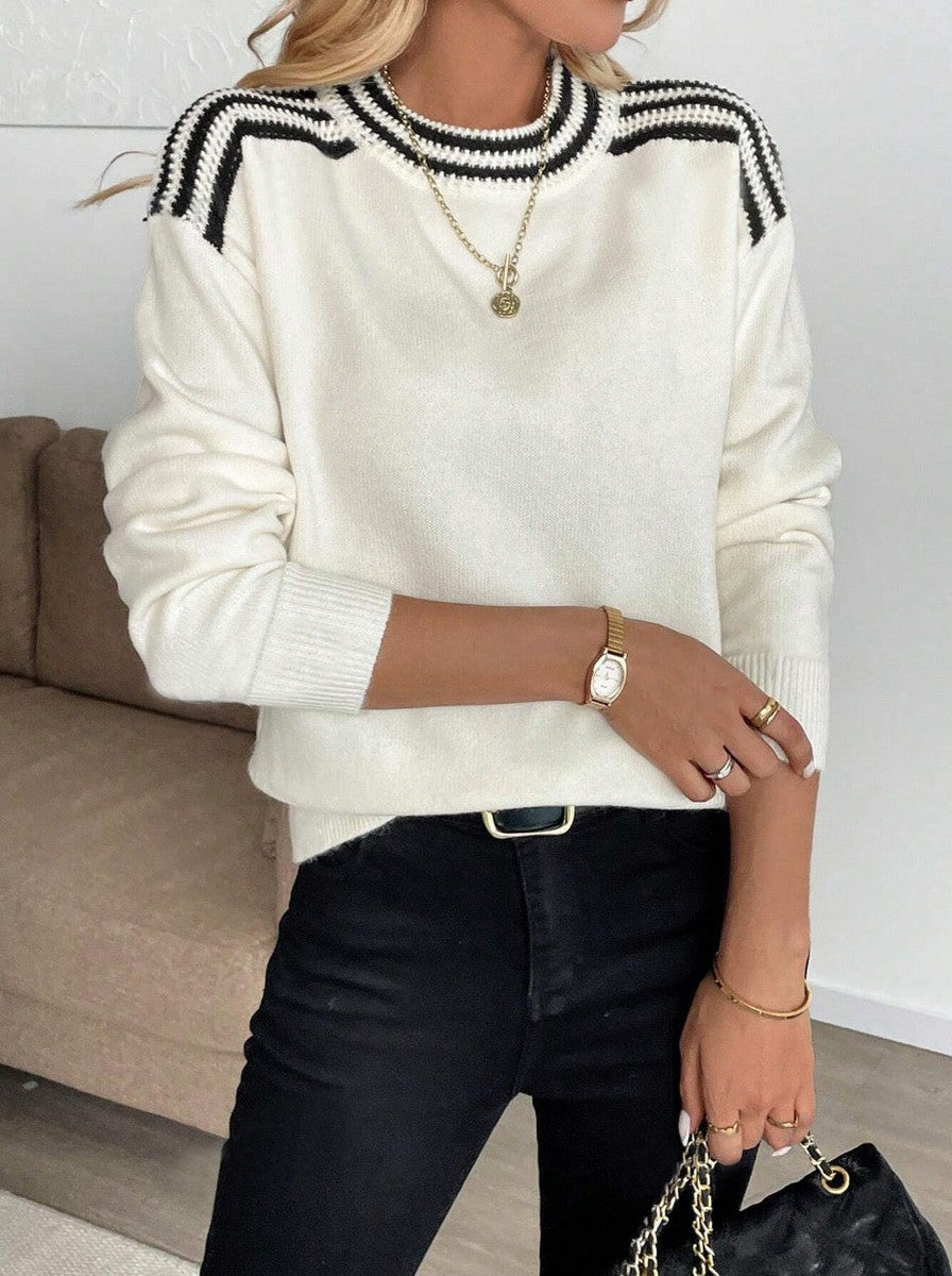 Ivory Color Block Round Neck Sweater